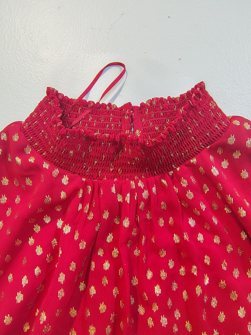 MSK Red Blouse with Gold Dot Accents and Statement Puff Sleeves - Picture 6 of 9